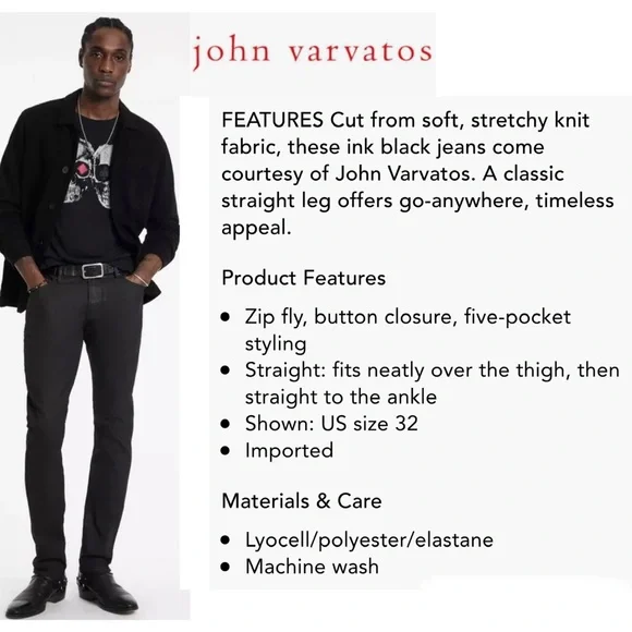 John Varvatos, 29” Waist, Men’s, Black Jeans, Straight Leg, Slim, Designer, NWT! - Picture 12 of 12